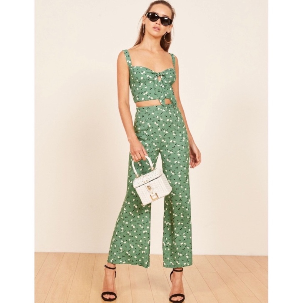 Reformation Green Floral Print Wide Leg Pants